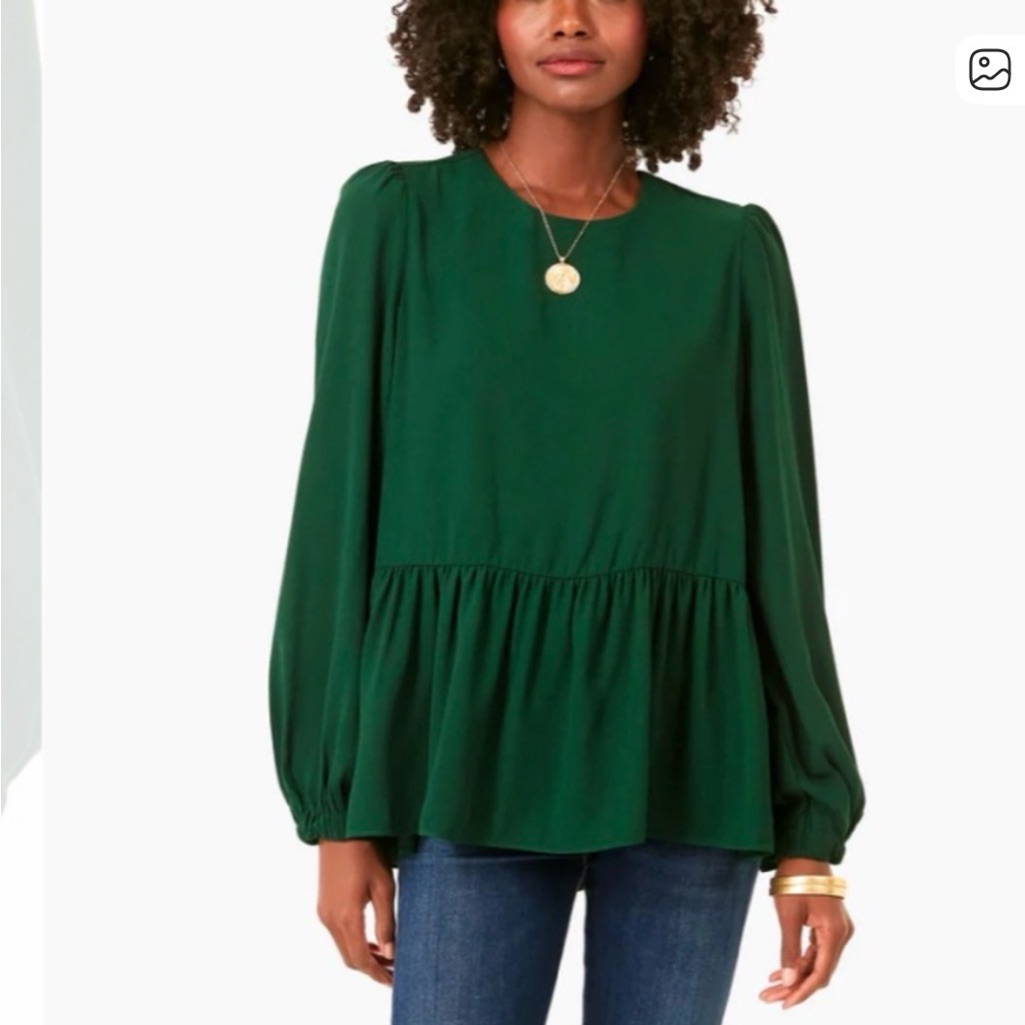 Pomander Place Tuckernuck Green Peplum Flowy Boho Career Blouse M Old Money